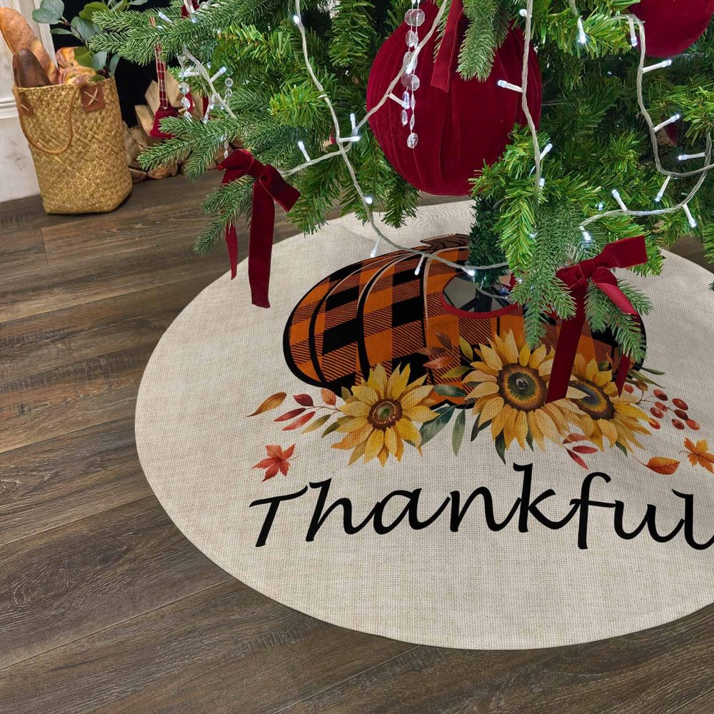 Christmas Tree Skirt 48 Inches Large Christmas Skirt Tree, Thanksgiving Pumpkin Orange Plaid Sunflower Tree Skirt Christmas Decorations for Fireplace Party Indoor Outdoor Thankful Farm Harvest