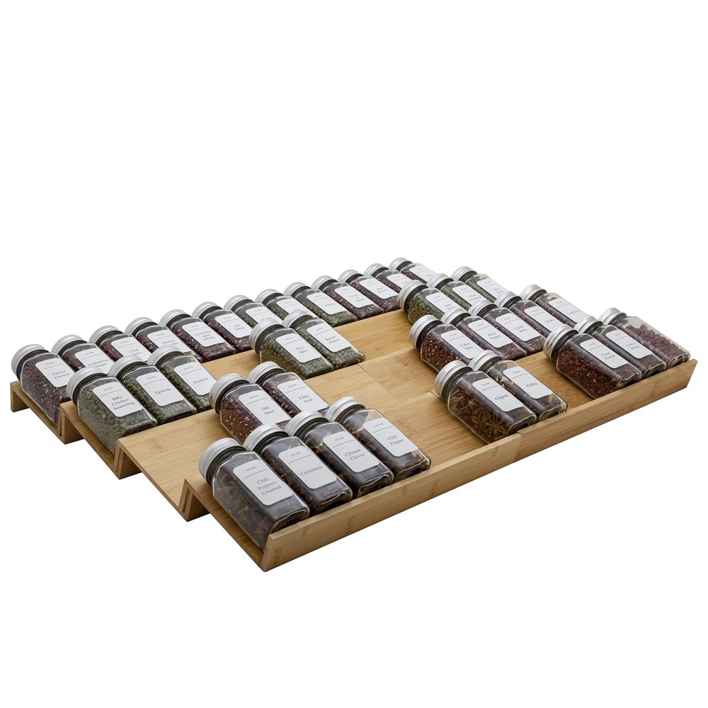 Angimio Bamboo Spice Rack Drawer Organizer - 8 Piece Set - 12" Wide, Combine Into 24" Rack (12" or 24")