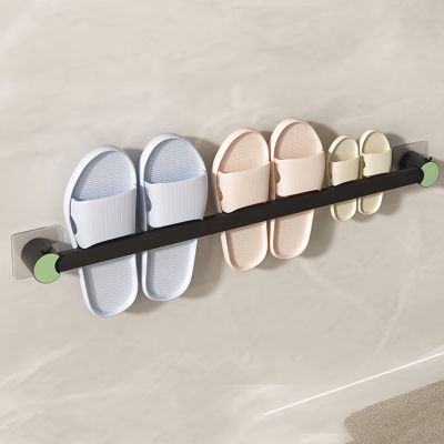 Bathroom Shoe Holder, Slippers Rack, Self Adhesive Shoe Hanger Storage Organizer, Multifunction Towel Bar, Wall Mounted, Store 1-6 Pairs (Color : Black, Size : 28 * 5cm)