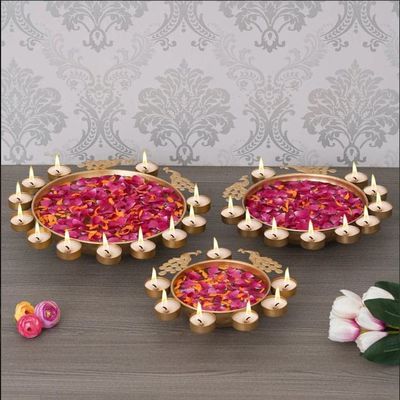 Orbit Art Gallery Urli Diya, 3pcs, Peacock Urli Bowl, Diwali Decor Peacock Urli, Diwali Diya, Golden Candle Holder, Tealight Candle Holder, Pooja Diya Urli 10" 12" 14" Set