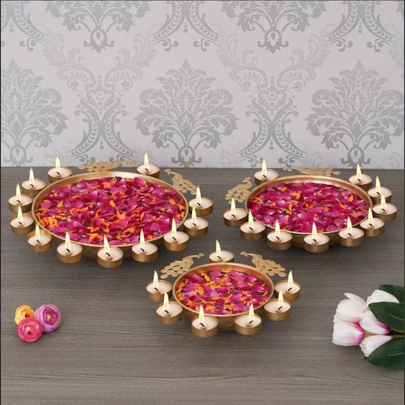 Orbit Art Gallery Urli Diya, 3pcs, Peacock Urli Bowl, Diwali Decor Peacock Urli, Diwali Diya, Golden Candle Holder, Tealight Candle Holder, Pooja Diya Urli 10" 12" 14" Set