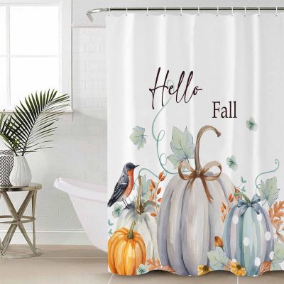 Fall Shower Curtain Set with Hook 48" x 72",Washable Cloth Polyester Fabric Shower+Curtain,Thanksgiving Rustic Pumpkin Leaf Bird Watercolor Waterproof Bath Curtains for Bathroom,Showers,Bathtubs Decor
