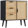 Iwell Storage Cabinet with Rattan Door & 3 Drawers, Rattan Cabinet with Adjustable Shelf, Sideboard Buffet Cabinets with Storage, Entryway Cabinets, for Living Room, Dining Room, Entryway, Black view 1