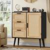 Iwell Storage Cabinet with Rattan Door & 3 Drawers, Rattan Cabinet with Adjustable Shelf, Sideboard Buffet Cabinets with Storage, Entryway Cabinets, for Living Room, Dining Room, Entryway, Black view 2
