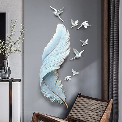 CFLNYC Home Decor Resin Wall Art Decor 3D Feather with 7 Flying Birds, Home Wall Decoration Living Room Office Bar Entryway Luxury Handmade Painted Wall Sculpture (Color : Blue, Size : 12.6x35in)