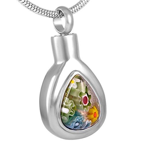 SHEIL Murano Glass Water Drop Cremation Urn Pendant Women Charm,Stainless Steel Ashes Memorial Keepsake Jewelry