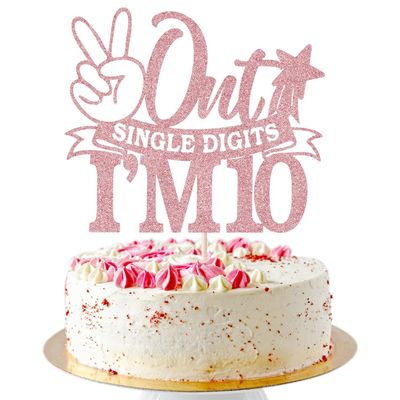 AROKIPPRY Out Single Digits I'm 10 Cake Topper, Glitter Double Digits 10 Cake Decorations, Boys Girls Happy 10th Birthday Decorations Supplies (Rose Gold)