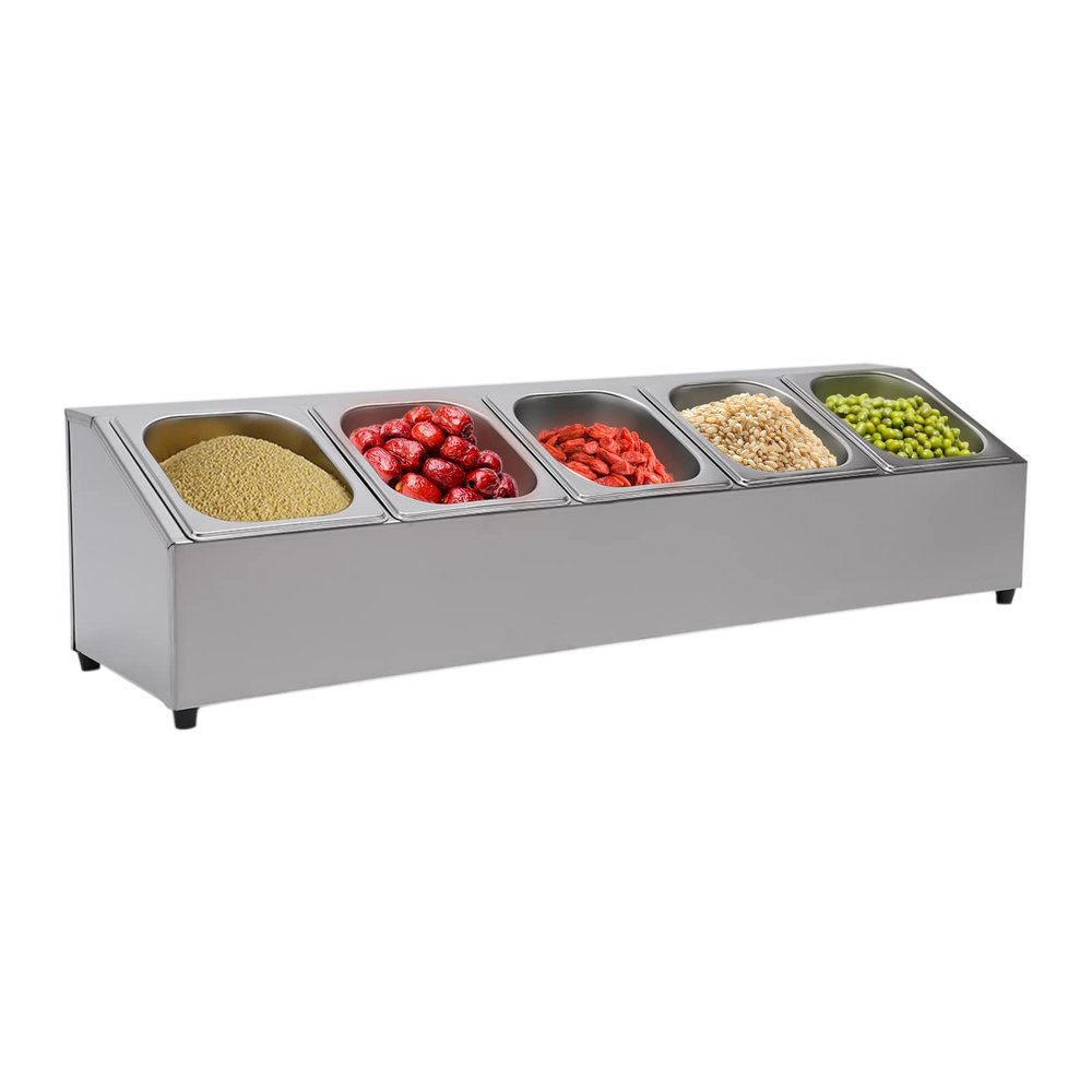 TFCFL Spice Rack Shelf,One Row Stainless Steel Organizer Stand with five food containers and Lids,Kitchen Pantry Countertop Spice Holder for Seasoning Sauce Jam Fruits Ingredients (5-Pan)