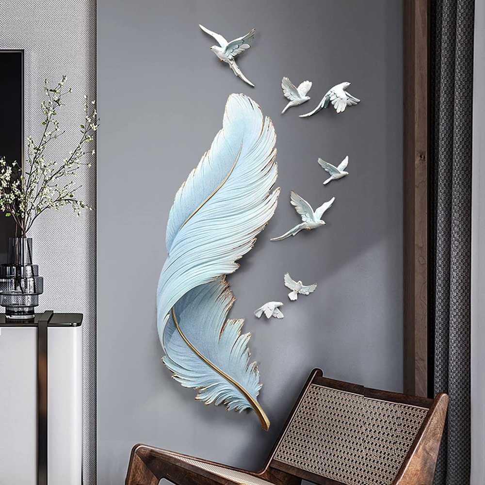 CFLNYC Home Decor Home Wall Decoration, Resin Feather Hanging Wall Art Decor with 7 Flying Birds for Living Room Office Bar Entryway Nordic Living Room Sofa Background
