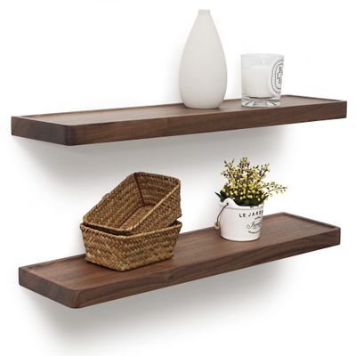 Axeman Walnut Floating Shelves for Wall 24 Inch | 24W x 6D Solid Walnut Wood Shelves Set of 2 | Natural Wooden Shelves for Living Room Bedroom Kitchen