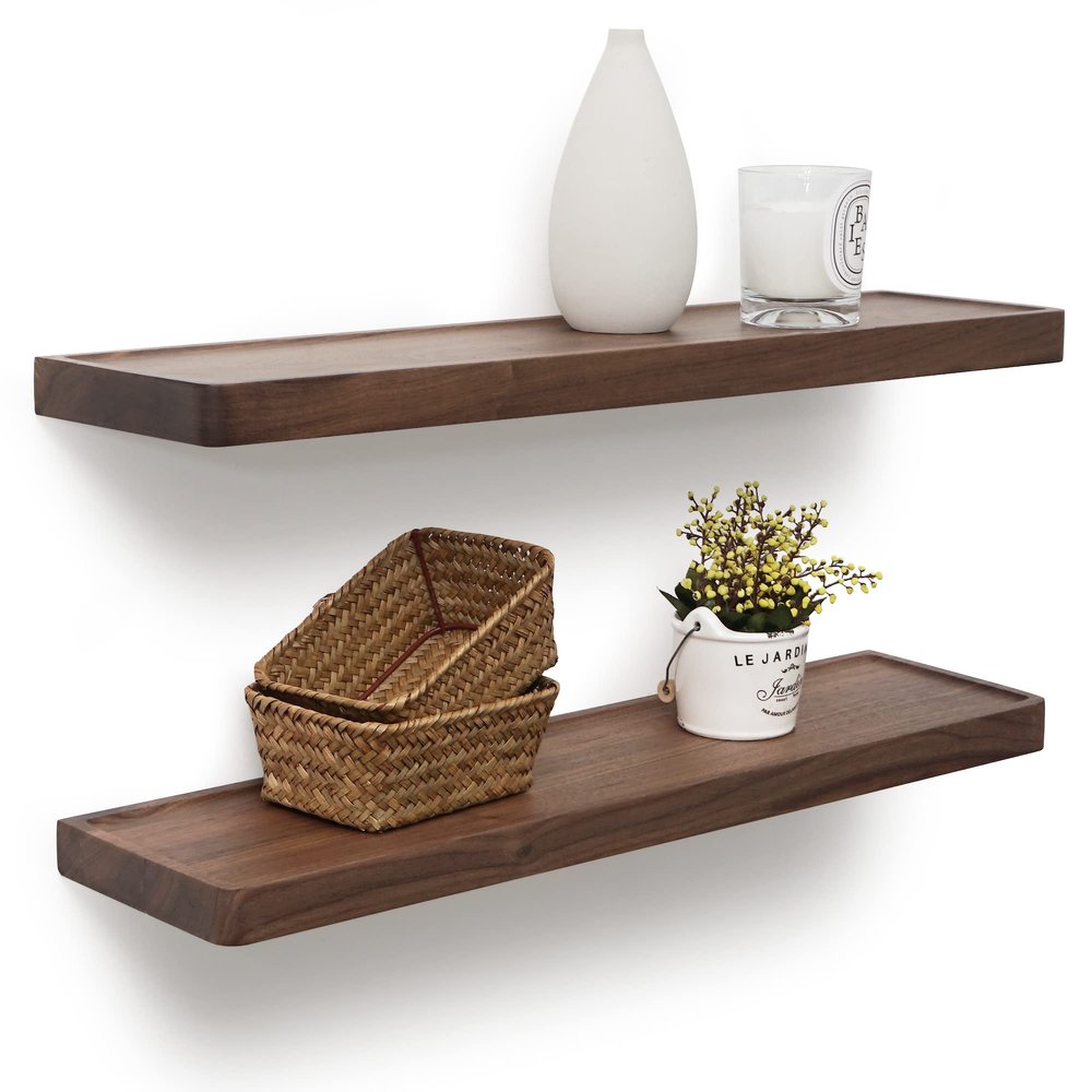 Axeman Walnut Floating Shelves for Wall 24 Inch | 24W x 6D Solid Walnut Wood Shelves Set of 2 | Natural Wooden Shelves for Living Room Bedroom Kitchen