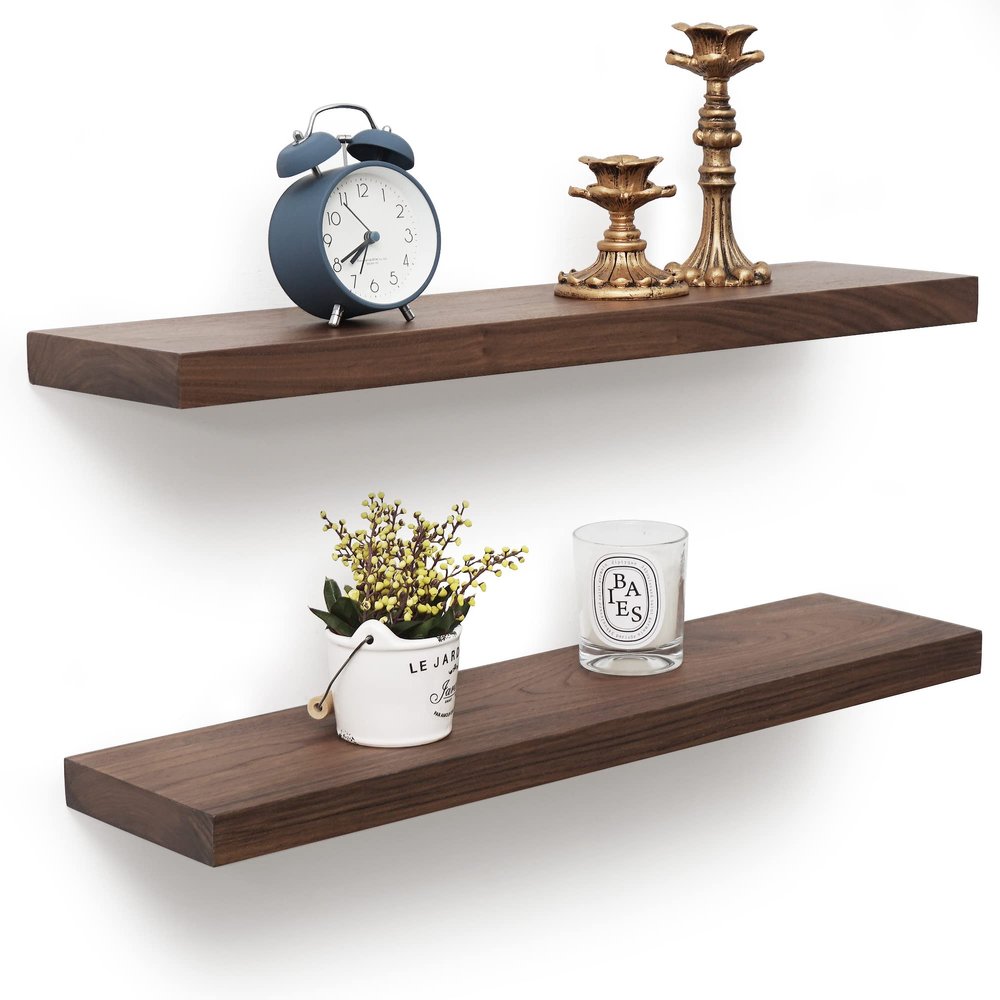 Axeman Walnut Floating Shelves for Wall - 24 Inch Wide x 6 Inch Deep Solid Walnut Wood Shelves Set of 2 - Natural Wooden Shelves for Room Wall Decor