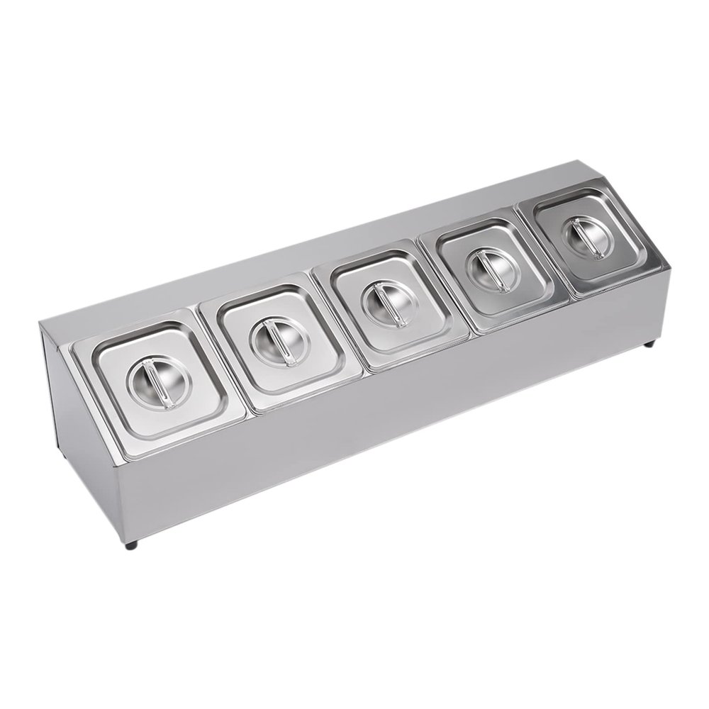 5 Grid Food Serving Rack, Spice Rack Shelf Organizer Stand, Stainless Steel Countertop Inclined Holder for Seasoning Sauce Jam Fruits Ingredients, for Kitchen Pantry Use
