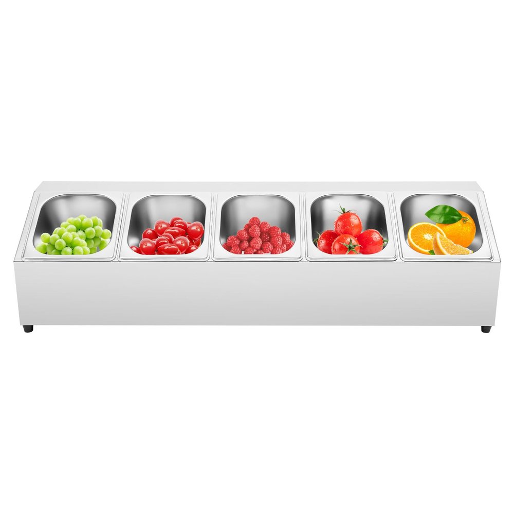 Silver Spice Rack Shelf, One Row, Stainless Steel Organizer Stand with with Five 1/6 Pans and Lids, Spice Rack Organizer Countertop Inclined Holder for Seasoning Sauce Fruits, Kitchen Pantry Using