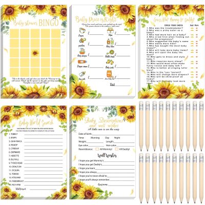 Yinder 145 Pcs Shower Party Activities Cards with 20 Pencils Includes Bingo Description and Wishes Guess Who Price is Right Word Scramble Party (Sunflower)