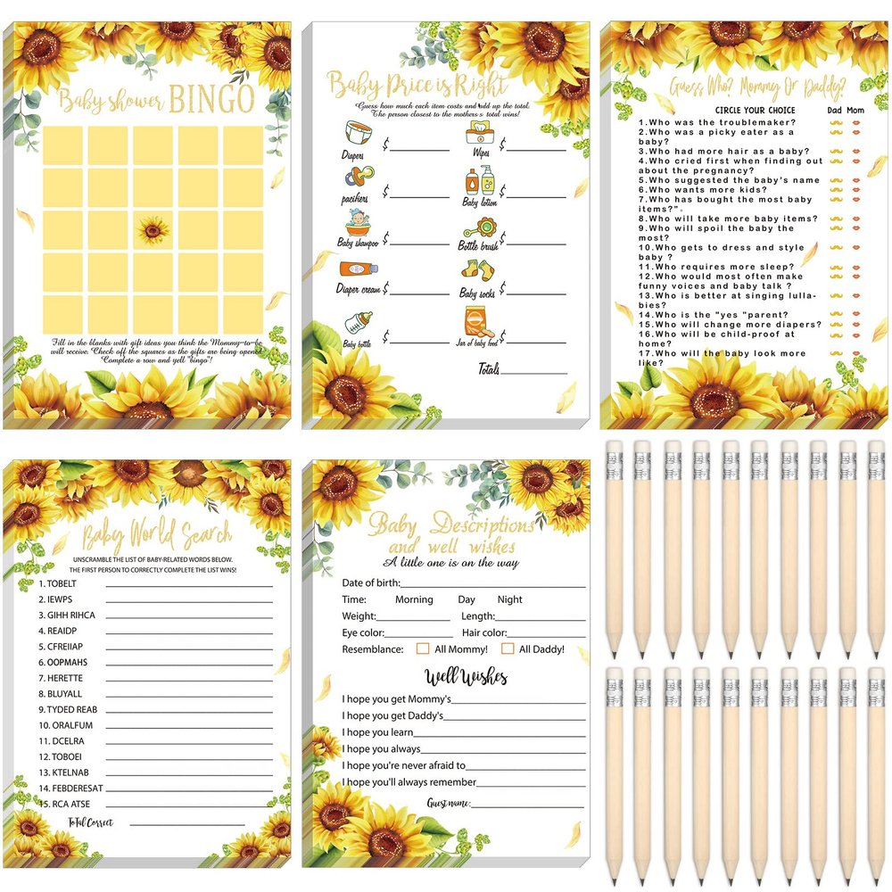 Yinder 145 Pcs Shower Party Activities Cards with 20 Pencils Includes Bingo Description and Wishes Guess Who Price is Right Word Scramble Party (Sunflower)