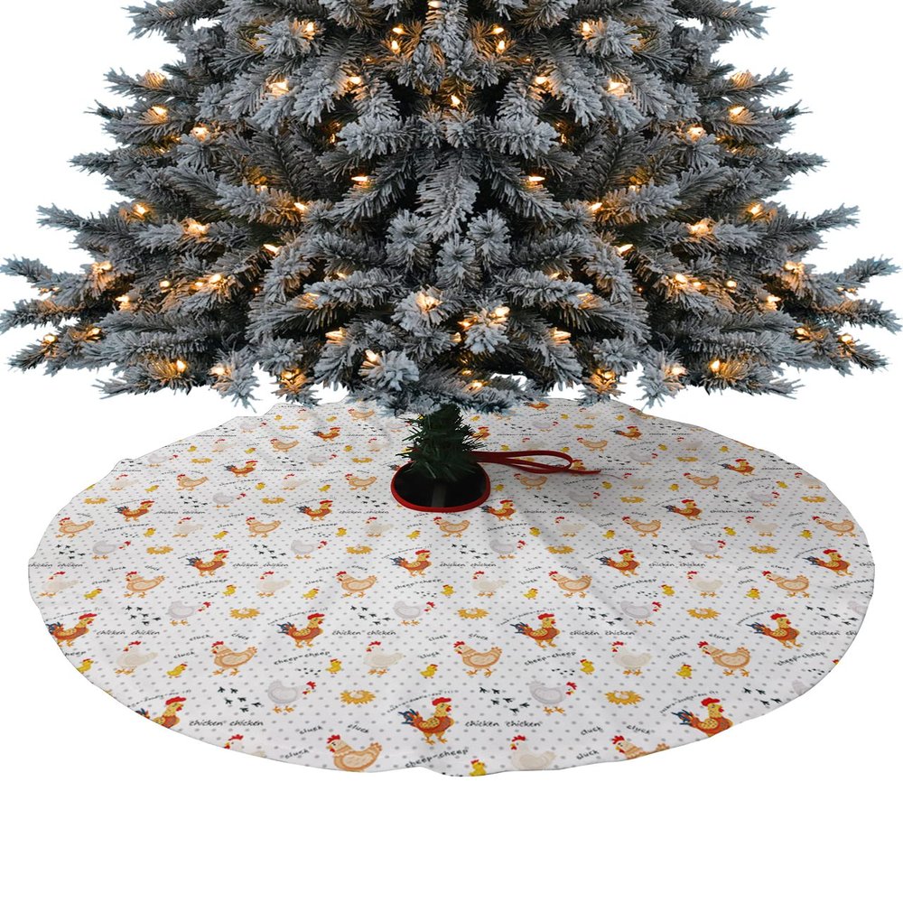 48 Inch Christmas Tree Skirt, Farm Rooster Tree Skirt Christmas Decorations Indoor Outdoor, Farmhouse Chicken Filling Grey Polka Dots Xmas Tree Skirts Mats Ornaments for Party Decor