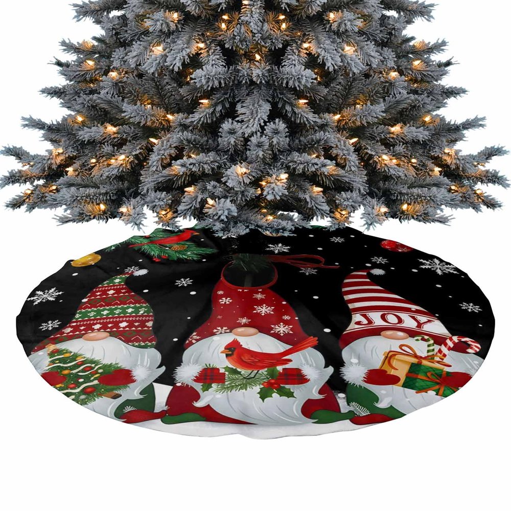 48 Inch Christmas Tree Skirt, Christmas Gnomes Tree Skirt Christmas Decorations Indoor Outdoor, Xmas Tree Snowflake Balls Birds Black Xmas Tree Skirts Mats Ornaments for Party Decor