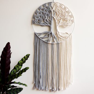 GUKALYLY Tree of Life Macrame Wall Hanging,Chic Handmade Woven Boho Home Dcor,Eclectic Wall Decor for Bedroom Nursery Apartment Dorm Decoration,Gift for Teen Girl Mom(13" W X 31.5" L) (Grey&White)