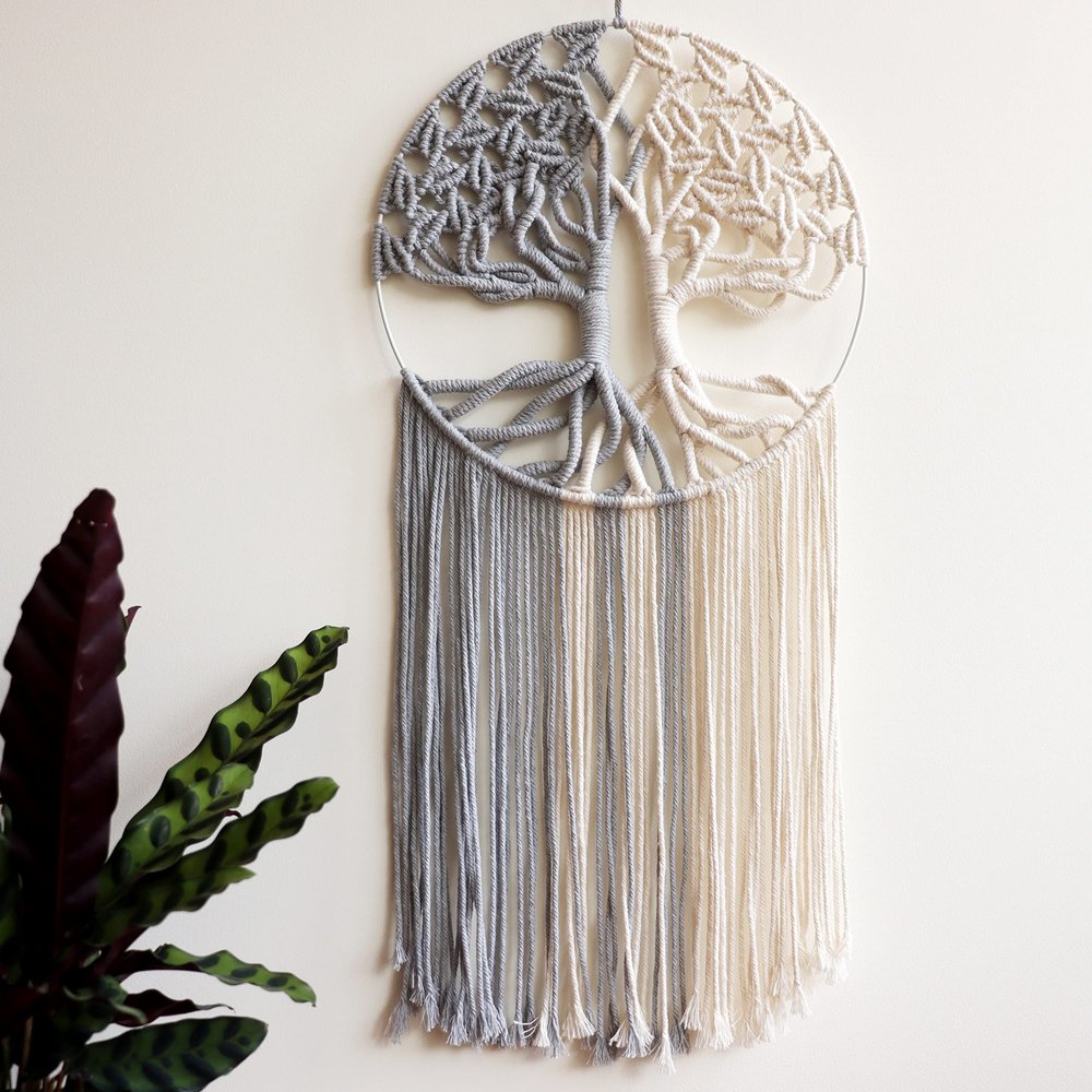 GUKALYLY Tree of Life Macrame Wall Hanging,Chic Handmade Woven Boho Home Dcor,Eclectic Wall Decor for Bedroom Nursery Apartment Dorm Decoration,Gift for Teen Girl Mom(13" W X 31.5" L) (Grey&White)