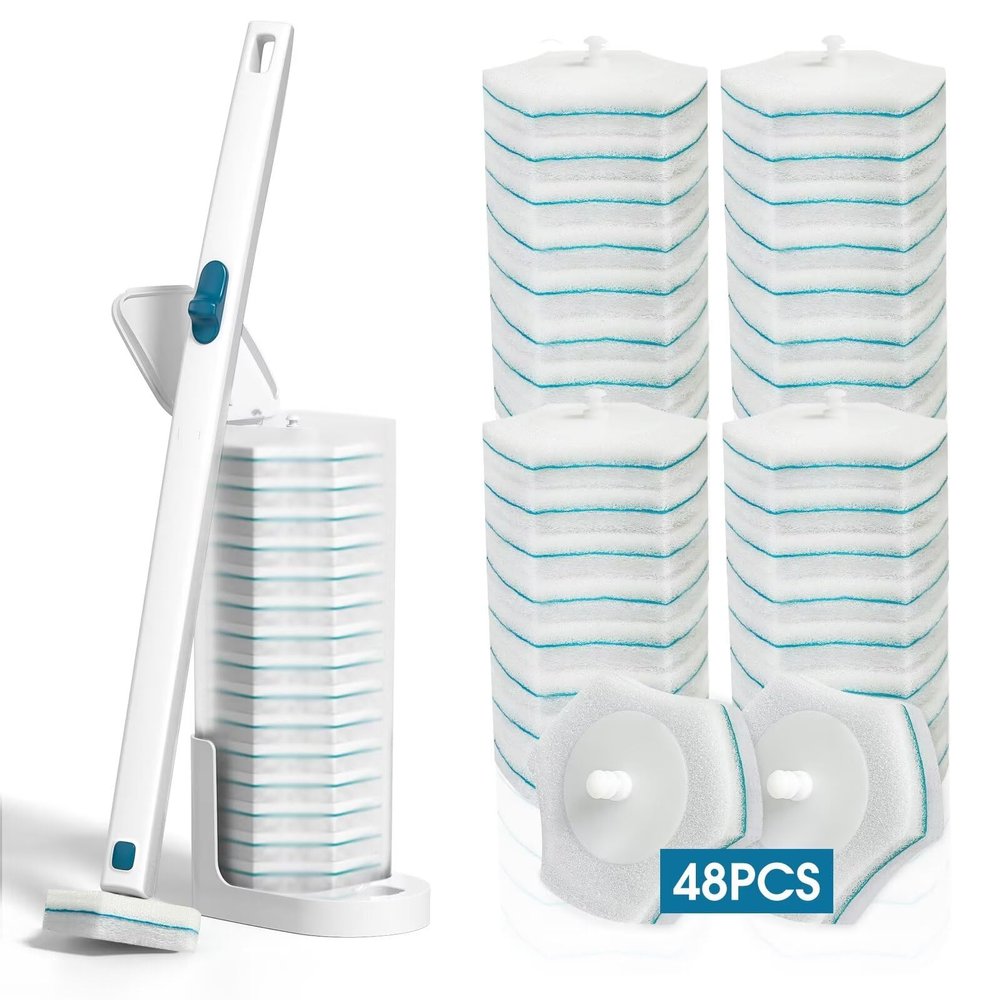 Disposable Toilet Brush with 48 PCS Refills, Disposables Toilets Cleaning System with Handle, Storage Caddy and 48Toilet Bowl Refill Heads for Bathroom Cleaning