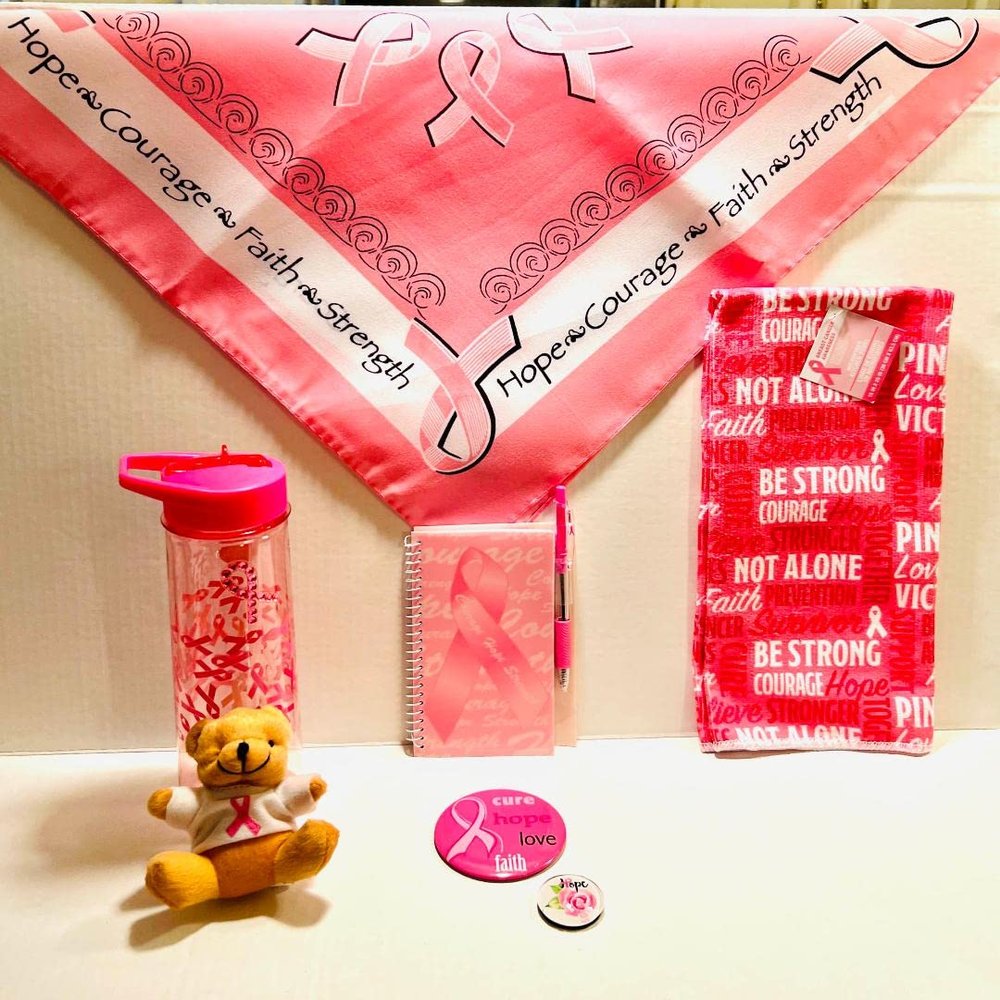 SL2Y- Breast Cancer 7pc Gift Set. Breast Cancer Themed Items (1) Water Bottle (1) Mini Teddy bear (1) Decor Towel (1) Note Tablet wpen (1) Hope, Courage, Faith, Strength Scarf (1) Button (1) magnet.