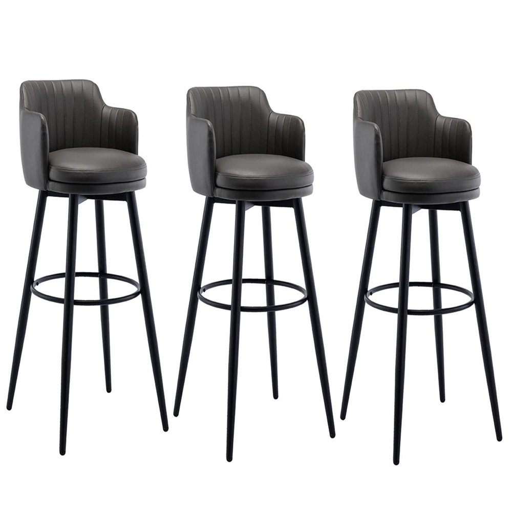 DCALU Modern Nappa Leather Island Bar Chairs Counter Height Barstools Swivel Bar Stools Set of 3 Black Metal Chair Legs Upholstered Stool with Arms, for Kitchen, Breakfast, Pubs