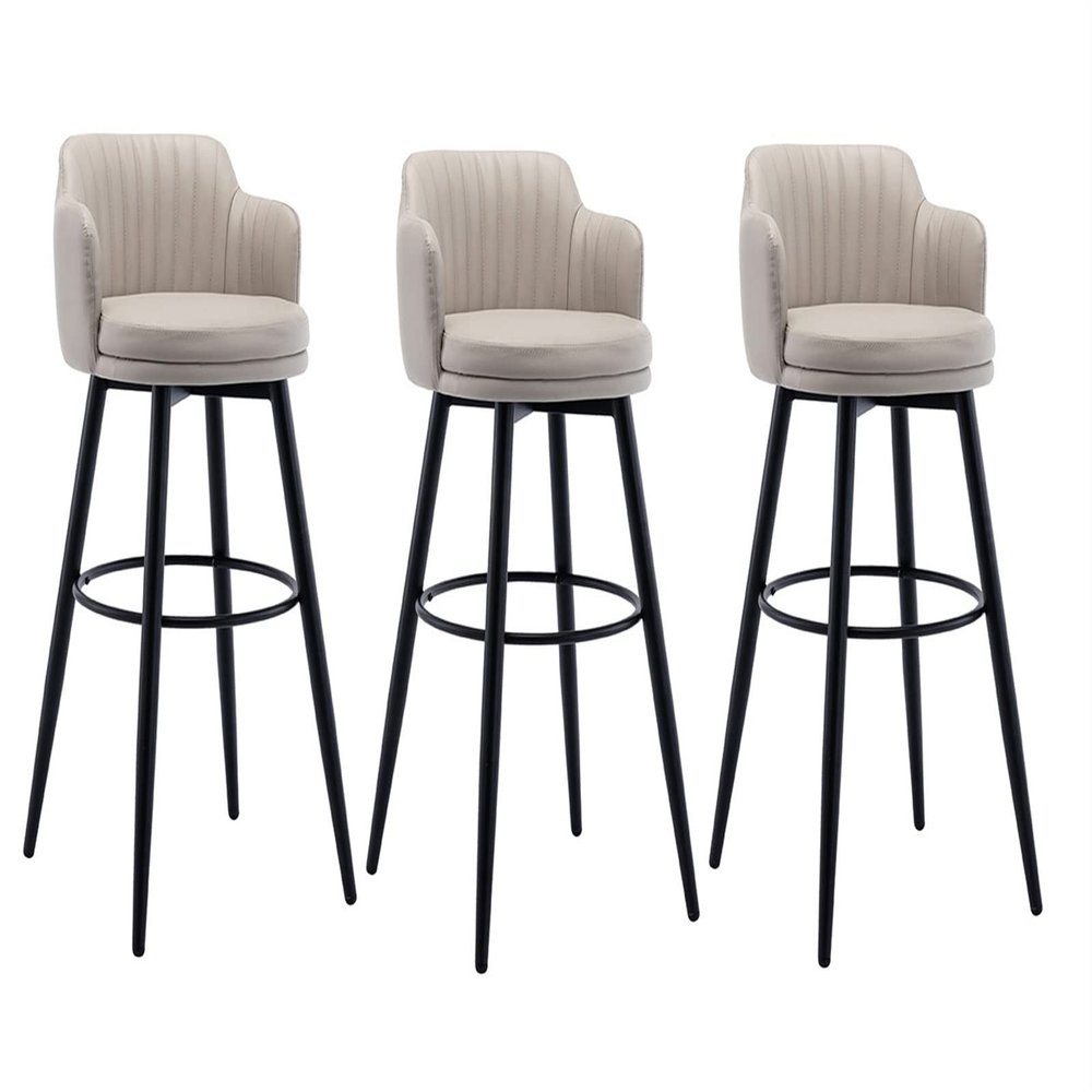 Modern Nappa Leather Island Bar Chairs Counter Height Barstools Swivel Bar Stools Set of 3 Black Metal Chair Legs Upholstered Stool with Arms, for Kitchen, Breakfast, Pubs