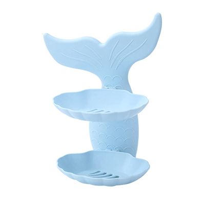 1pc Double Layer Soap Dish Holder Wall Mounted Punch Bathroom Shower Rack Fish Tail Design for Home Use Blue