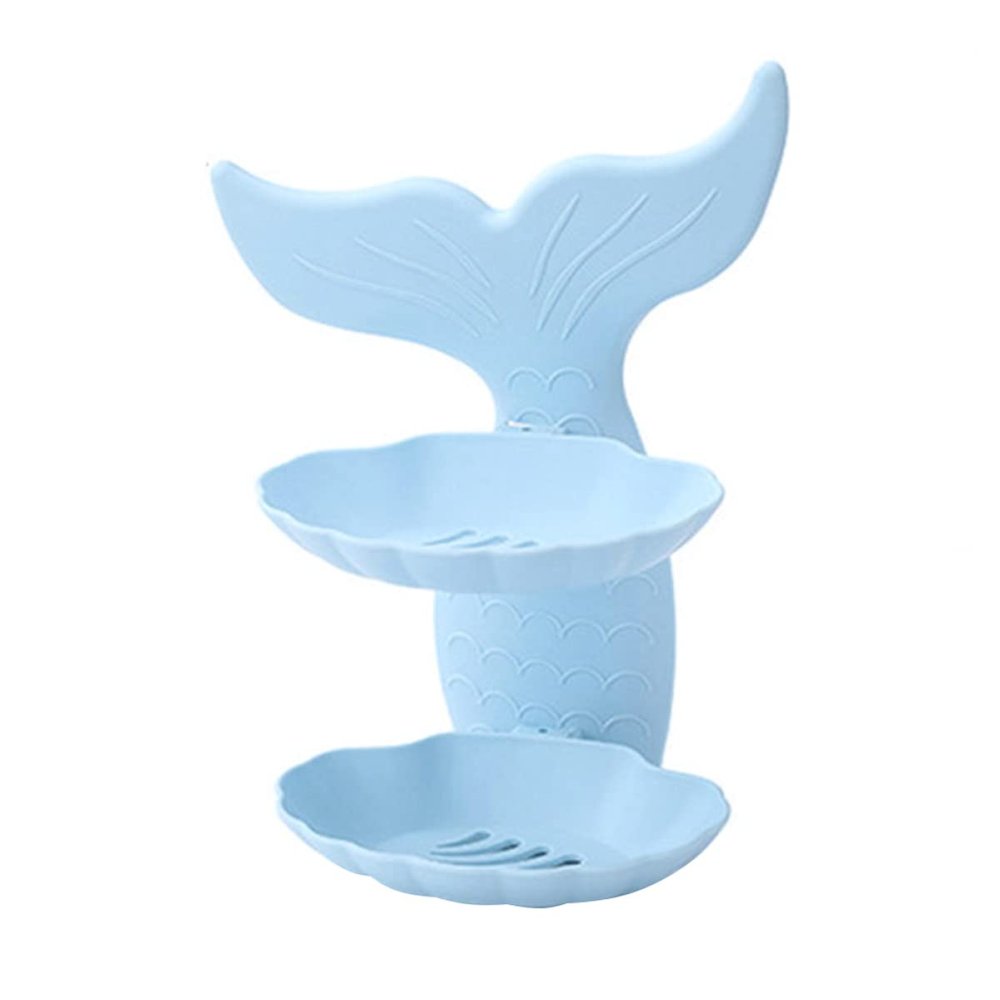 1pc Double Layer Soap Dish Holder Wall Mounted Punch Bathroom Shower Rack Fish Tail Design for Home Use Blue