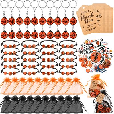 Basketball Soccer Party Favor Set Gift Bulk Charm Bracelets Keychains Sticker Organza Bags Thank You Tags for Team Party Supplies Boy Girl Classroom Reward Decoration(Basketball)