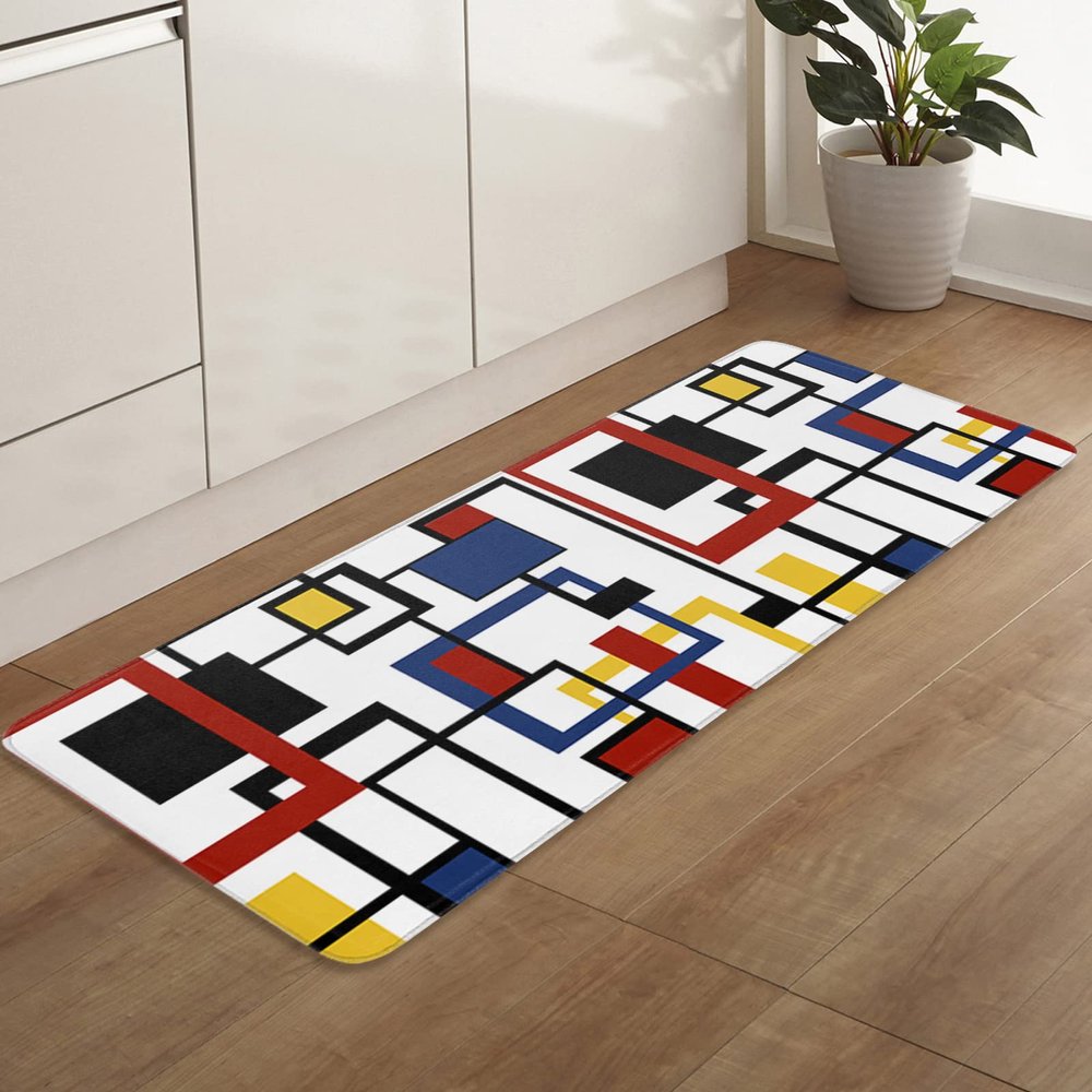 Red Blue Black Kitchen Bath Shower Door Welcome Mat for Bedroom/Living/Laundry Room,Geometric Yellow Abstract Middle Century Washable Bathroom Bathtub Runner Rug,Indoor Outdoor Throw Doormat,24"x71"