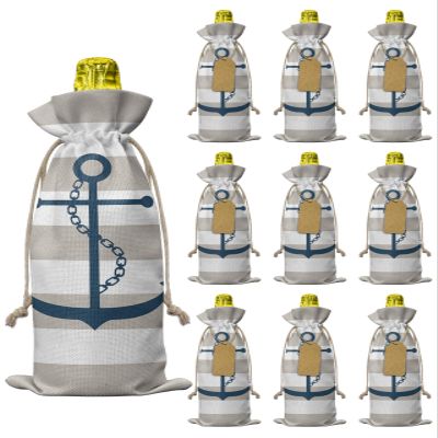 10 Pcs Premium Wine Bottle Gift Bags with Drawstring Nautical Anchor Coastal Rustic Grey Striped Reusable Wine Gift Bag for Christmas, Wedding, Birthday,Holiday Party, Housewarming, Home Storage