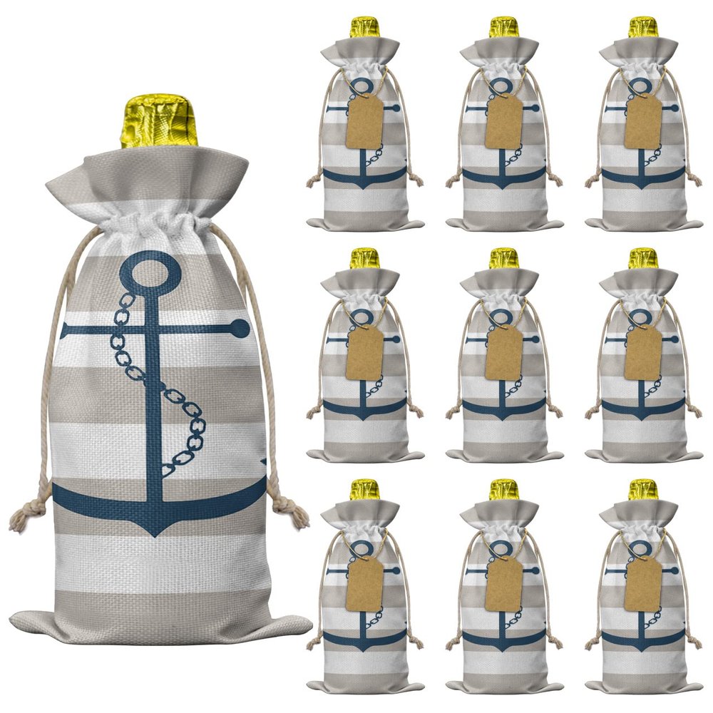 10 Pcs Premium Wine Bottle Gift Bags with Drawstring Nautical Anchor Coastal Rustic Grey Striped Reusable Wine Gift Bag for Christmas, Wedding, Birthday,Holiday Party, Housewarming, Home Storage