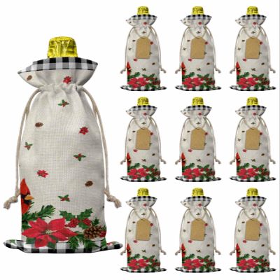 10 Pcs Premium Wine Bottle Gift Bags with Drawstring Red Cardinal Christmas Poinsettia Buffalo Check Plaid Reusable Wine Gift Bag for Christmas, Wedding,Holiday Party, Housewarming, Home Storage
