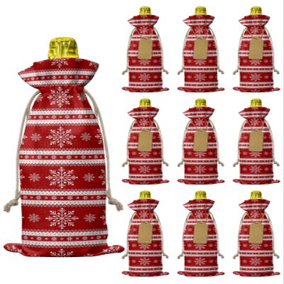 10 Pcs Premium Wine Bottle Gift Bags with Drawstring Christmas Snowflake Merry Christms Red Background Reusable Wine Gift Bag for Christmas, Wedding, Birthday,Holiday Party, Housewarming, Home Storage