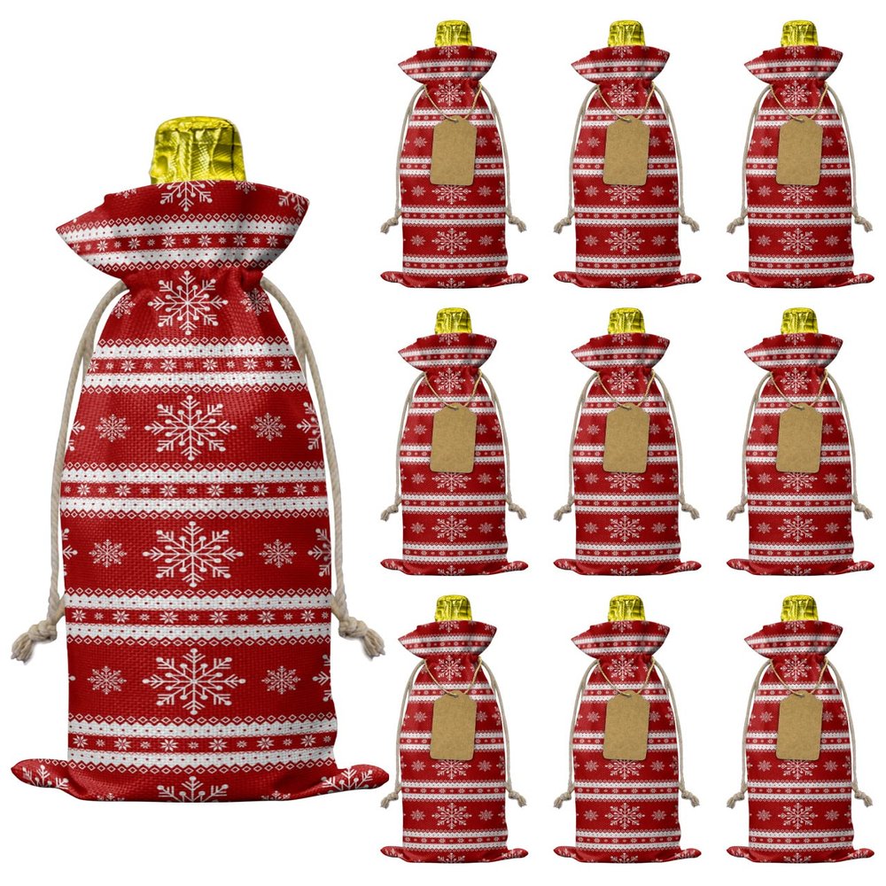 10 Pcs Premium Wine Bottle Gift Bags with Drawstring Christmas Snowflake Merry Christms Red Background Reusable Wine Gift Bag for Christmas, Wedding, Birthday,Holiday Party, Housewarming, Home Storage
