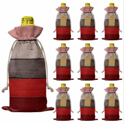 10 Pcs Premium Wine Bottle Gift Bags with Drawstring Red Brown Wooden Planks Farm House Pattern Reusable Wine Gift Bag for Christmas, Wedding, Birthday,Holiday Party, Housewarming, Home Storage