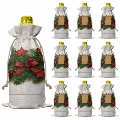 10 Pcs Premium Wine Bottle Gift Bags with Drawstring Christmas Pine Tree Pine Needle Candy Farmhouse Wooden Board Reusable Wine Gift Bag for Christmas, Wedding,Holiday Party, Housewarming
