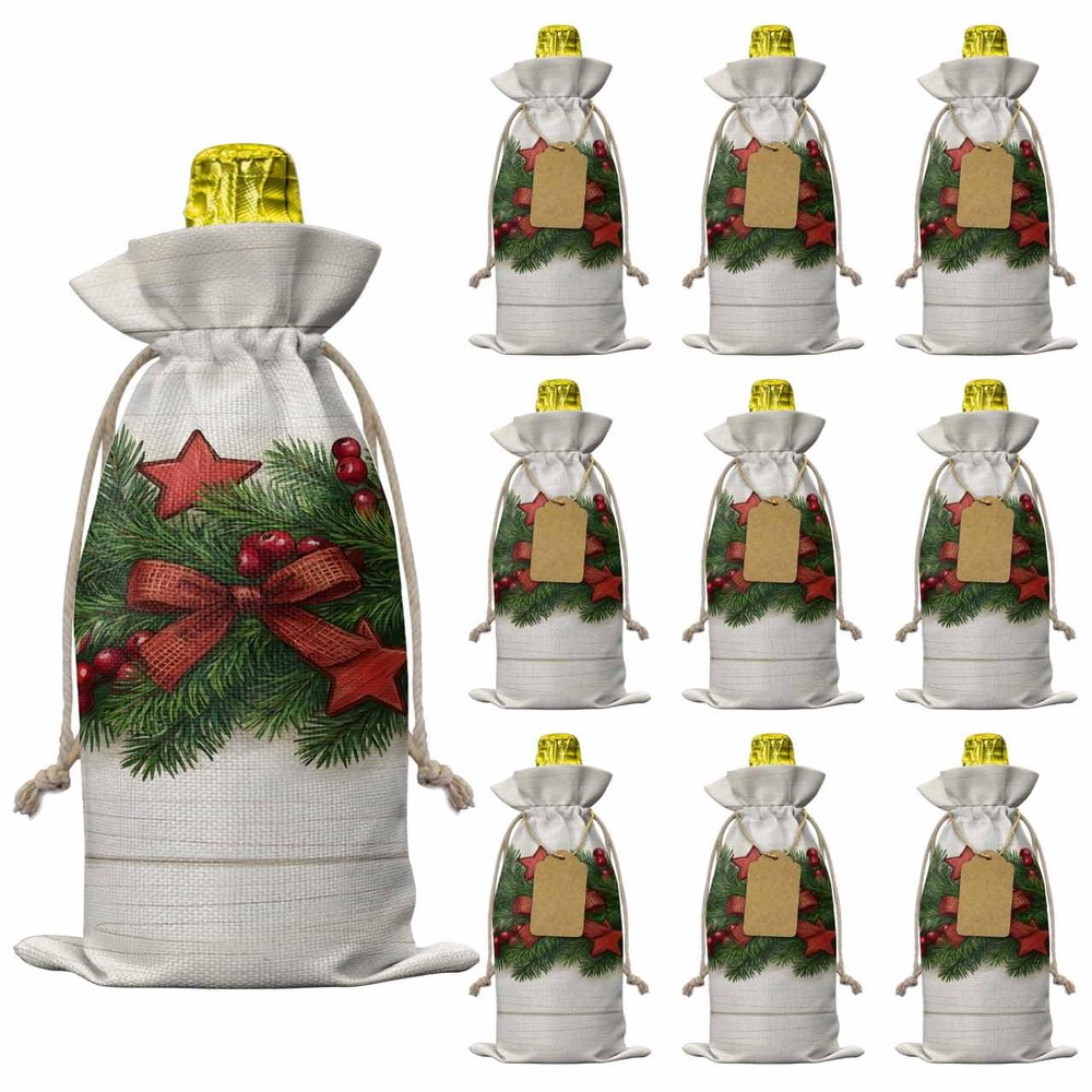 10 Pcs Premium Wine Bottle Gift Bags with Drawstring Christmas Pine Tree Pine Needle Candy Farmhouse Wooden Board Reusable Wine Gift Bag for Christmas, Wedding,Holiday Party, Housewarming
