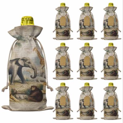 10 Pcs Premium Wine Bottle Gift Bags with Drawstring Animals in Forest Wildlife Old Newspapers Paper Art Print Reusable Wine Gift Bag for Christmas, Wedding,Holiday Party, Housewarming, Home Storage