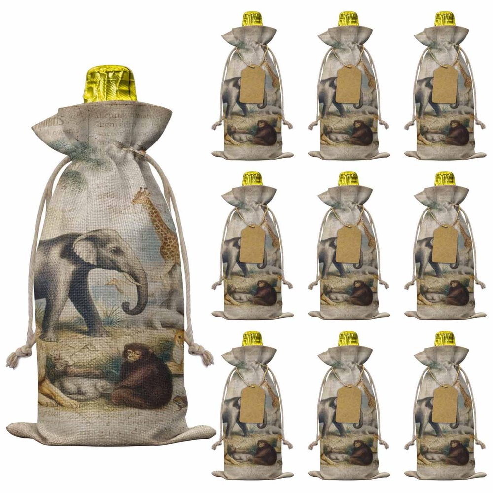 10 Pcs Premium Wine Bottle Gift Bags with Drawstring Animals in Forest Wildlife Old Newspapers Paper Art Print Reusable Wine Gift Bag for Christmas, Wedding,Holiday Party, Housewarming, Home Storage