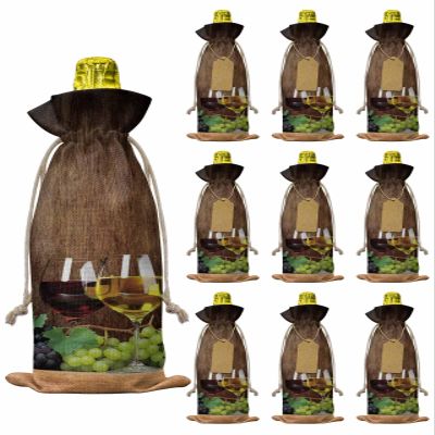 10 Pcs Premium Wine Bottle Gift Bags with Drawstring Rustic Wood Grained Wine Glasses and Fruit Grapes Reusable Wine Gift Bag for Christmas, Wedding, Birthday,Holiday Party, Housewarming, Home Storage