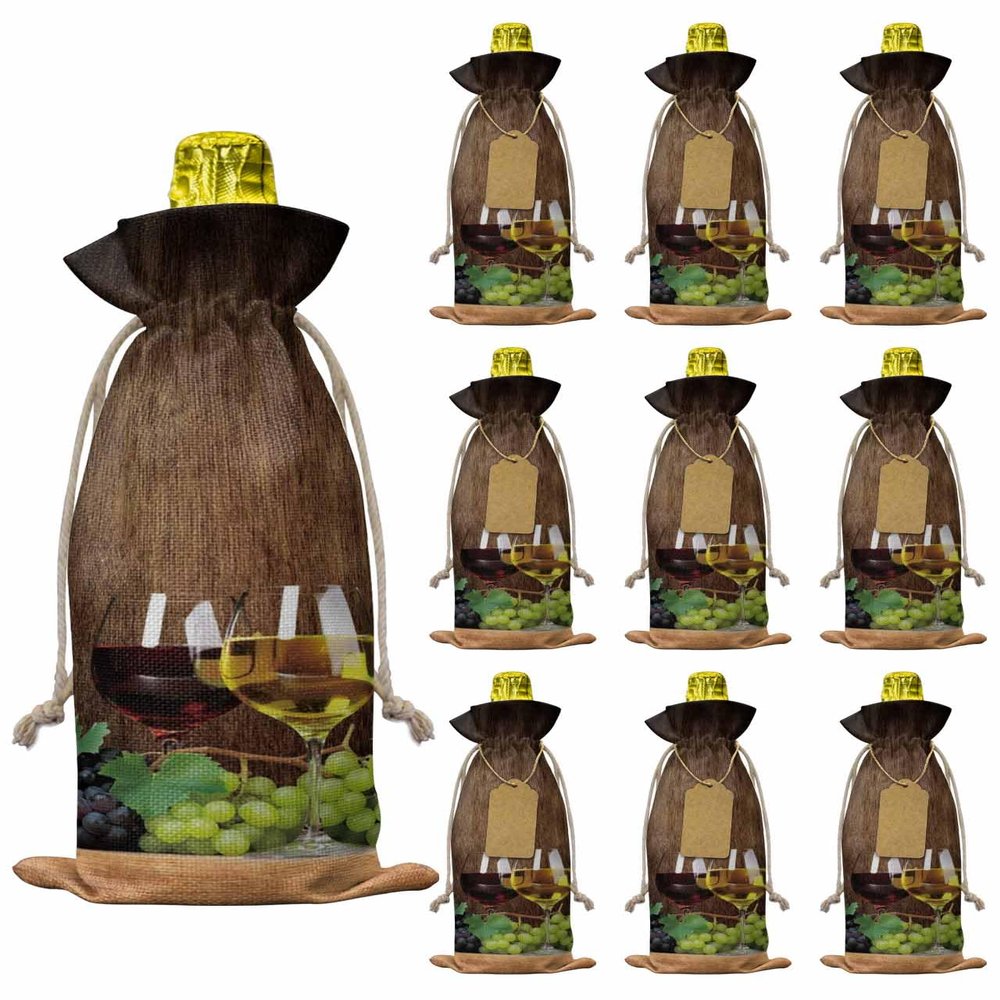10 Pcs Premium Wine Bottle Gift Bags with Drawstring Rustic Wood Grained Wine Glasses and Fruit Grapes Reusable Wine Gift Bag for Christmas, Wedding, Birthday,Holiday Party, Housewarming, Home Storage