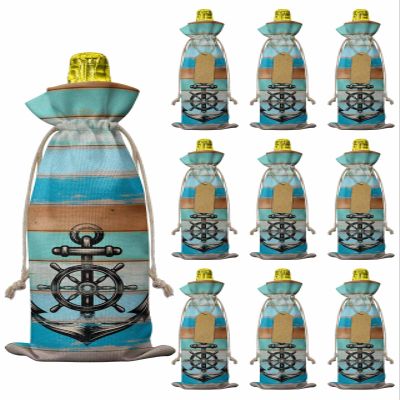 10 Pcs Premium Wine Bottle Gift Bags with Drawstring Nautical Anchor Hand Drawing Boating Sketch Rustic Wooden Planks Reusable Wine Gift Bag for Christmas, Wedding,Holiday Party, Housewarming