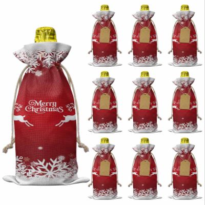 10 Pcs Premium Wine Bottle Gift Bags with Drawstring Happy New Year Funny Moose with Red White Christma Reusable Wine Gift Bag for Christmas, Wedding,Holiday Party, Housewarming, Home Storage