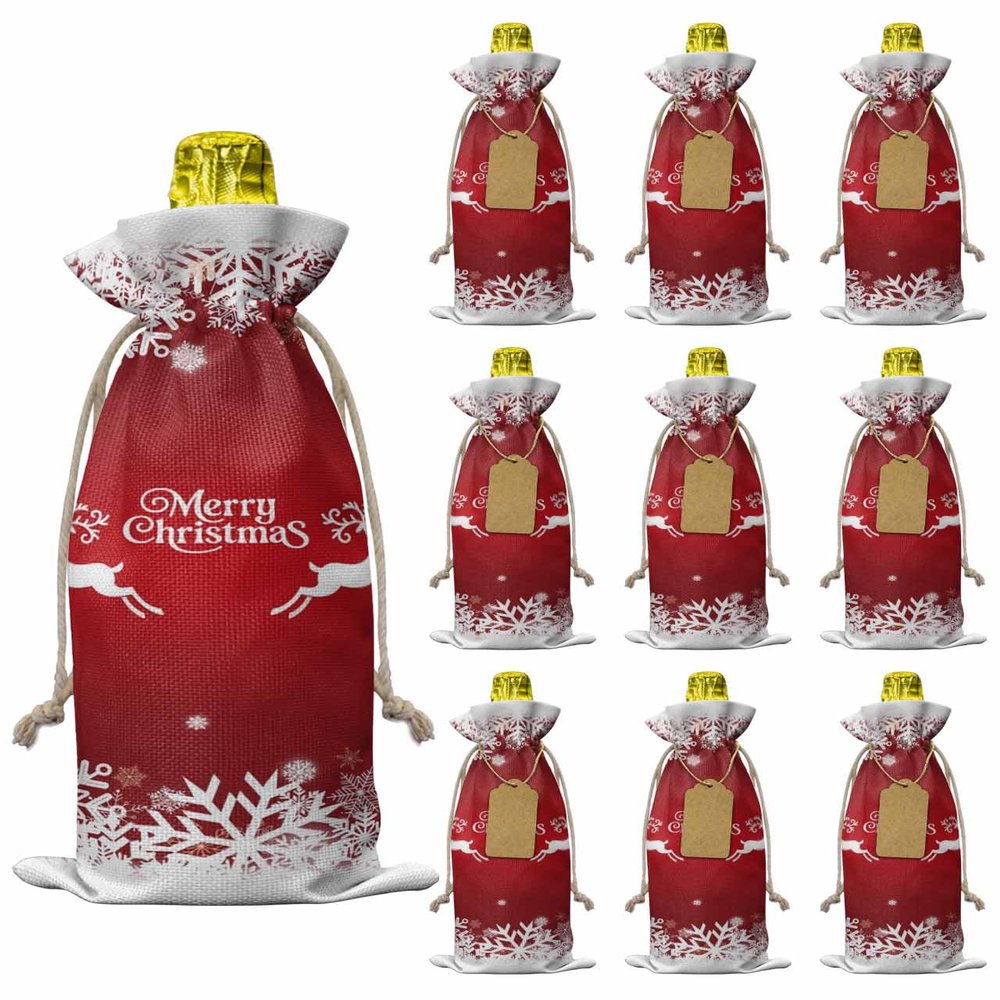 10 Pcs Premium Wine Bottle Gift Bags with Drawstring Happy New Year Funny Moose with Red White Christma Reusable Wine Gift Bag for Christmas, Wedding,Holiday Party, Housewarming, Home Storage