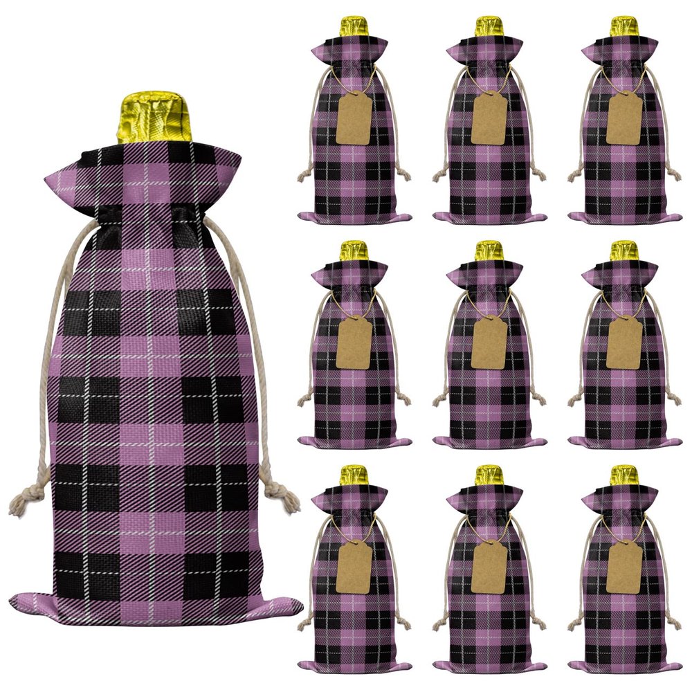 10 Pcs Premium Wine Bottle Gift Bags with Drawstring Buffalo Plaid Reusable Wine Gift Bag for Christmas, Wedding, Birthday,Holiday Party, Housewarming, Home Storage