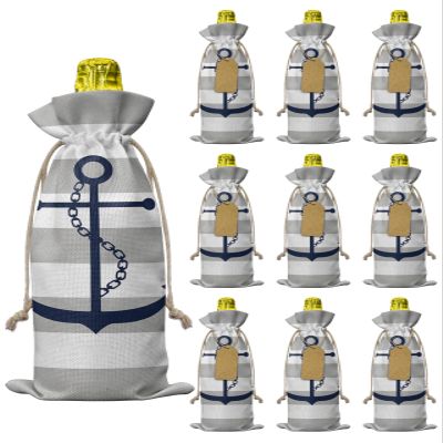 10 Pcs Premium Wine Bottle Gift Bags with Drawstring Nautical Anchor Coastal Rustic Grey Striped Reusable Wine Gift Bag for Christmas, Wedding, Birthday,Holiday Party, Housewarming, Home Storage