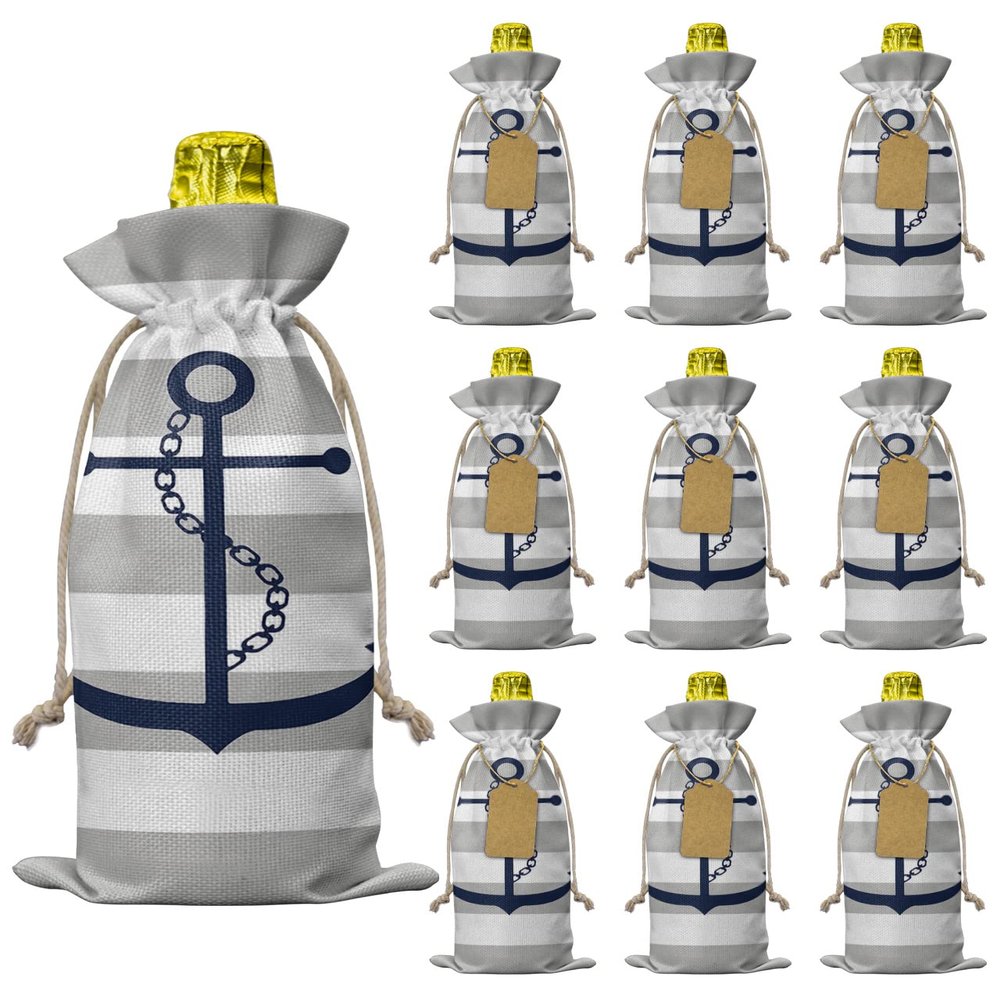 10 Pcs Premium Wine Bottle Gift Bags with Drawstring Nautical Anchor Coastal Rustic Grey Striped Reusable Wine Gift Bag for Christmas, Wedding, Birthday,Holiday Party, Housewarming, Home Storage